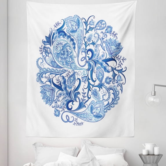 Ethnic Tapestry, Classic Paisley Petals Circular Shape Blue Tones Swirls Branches Motif, Fabric Wall Hanging Decor for Bedroom Living Room Dorm, 5 Sizes, Blue Navy Blue and White, by Ambesonne