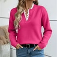 thumbnail image 2 of 2026 Women Fashion Sweater Elegant Lace Trim V Neck Knitted Long Sleeve Cropped Fall Sweaters Hot Pink, 2 of 6