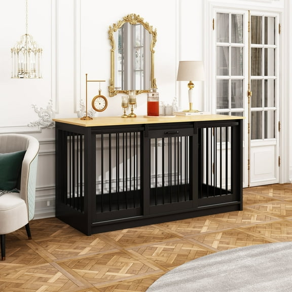 NARTRU Dog Crate Furniture with Sliding Door, 55" Wooden Dog Kennels for Small or Middle Dogs Indoor, Black