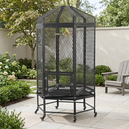 Walnest 71" H Hexagonal Extra Large Bird Cage, Heavy-Duty Powder-Coated Steel Bird Aviary Parrot Cage with Lockable Wheels, Feeding Door, Wood Perch, 2 Stainless Steel Bowls NSF Safe for Parrot Eagle