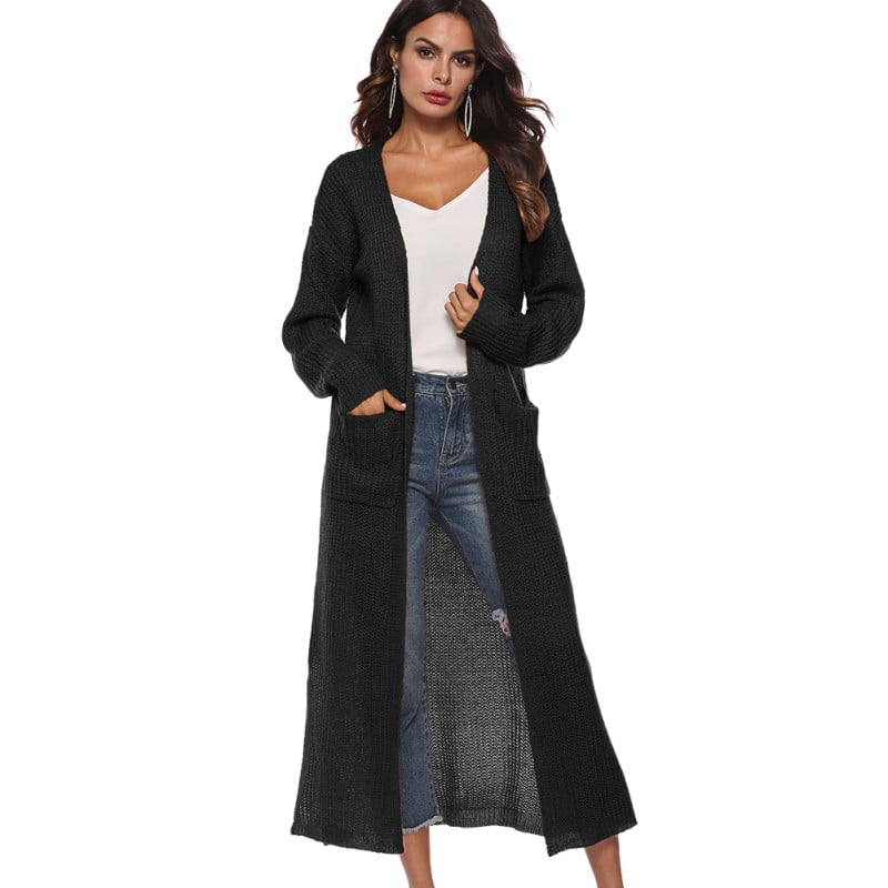Fysho Womens Full Length Cardigan Loose Solid Open Front Long Sleeve ...