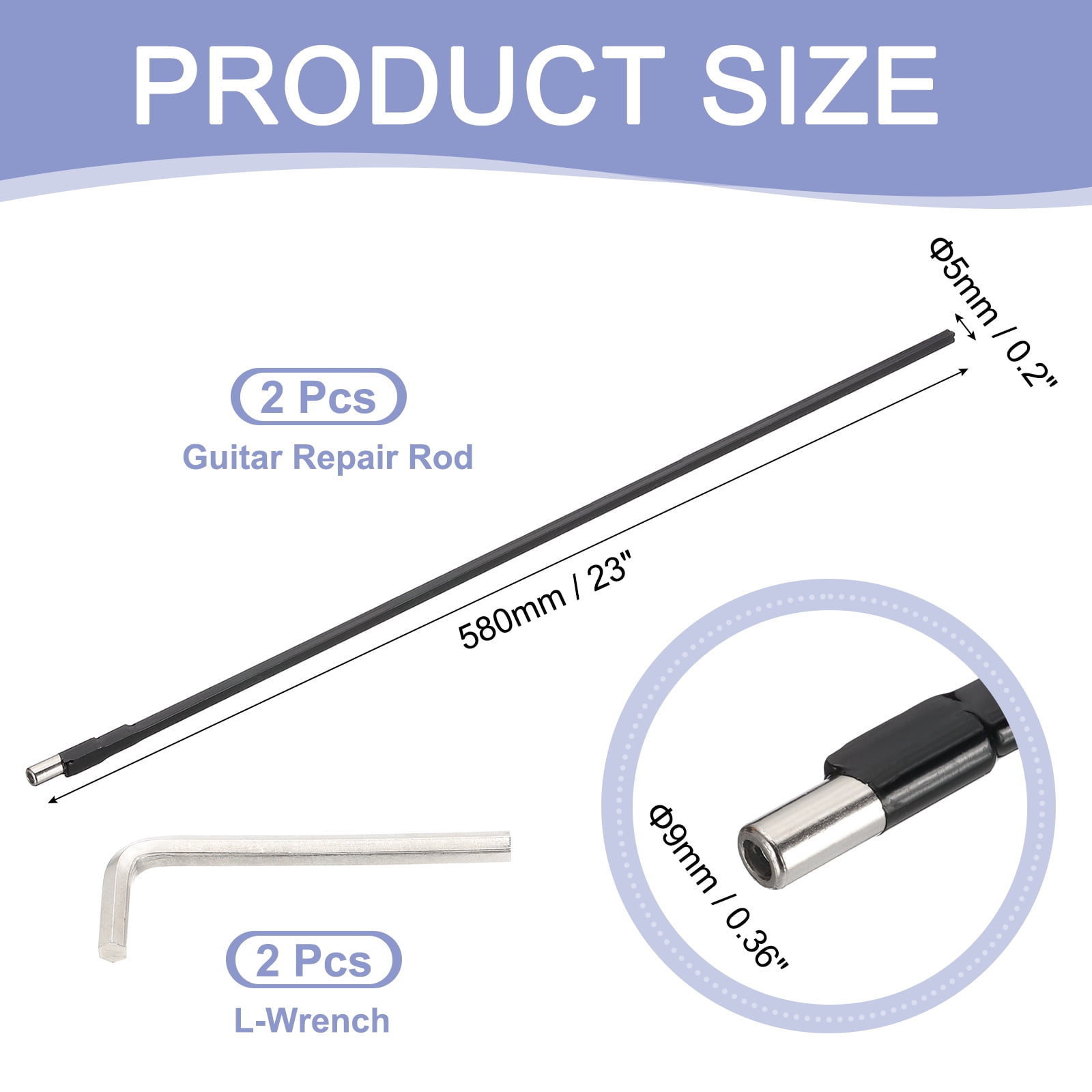 Uxcell 2 Pack Guitar Two Way Rod, 580mm Low-Profile Guitar Rod with 4mm L-Wrench, Luthier Tools for Electric Acoustic Bass Guitars Neck Repair Adjustment, Black