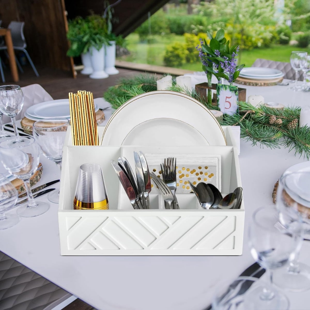Paper Plate Dispenser, Paper Plate Holder for Kitchen Counter, Wood Silverware Utensil Caddy, Cutlery Flatware Organizer Box for Kitchen (White)