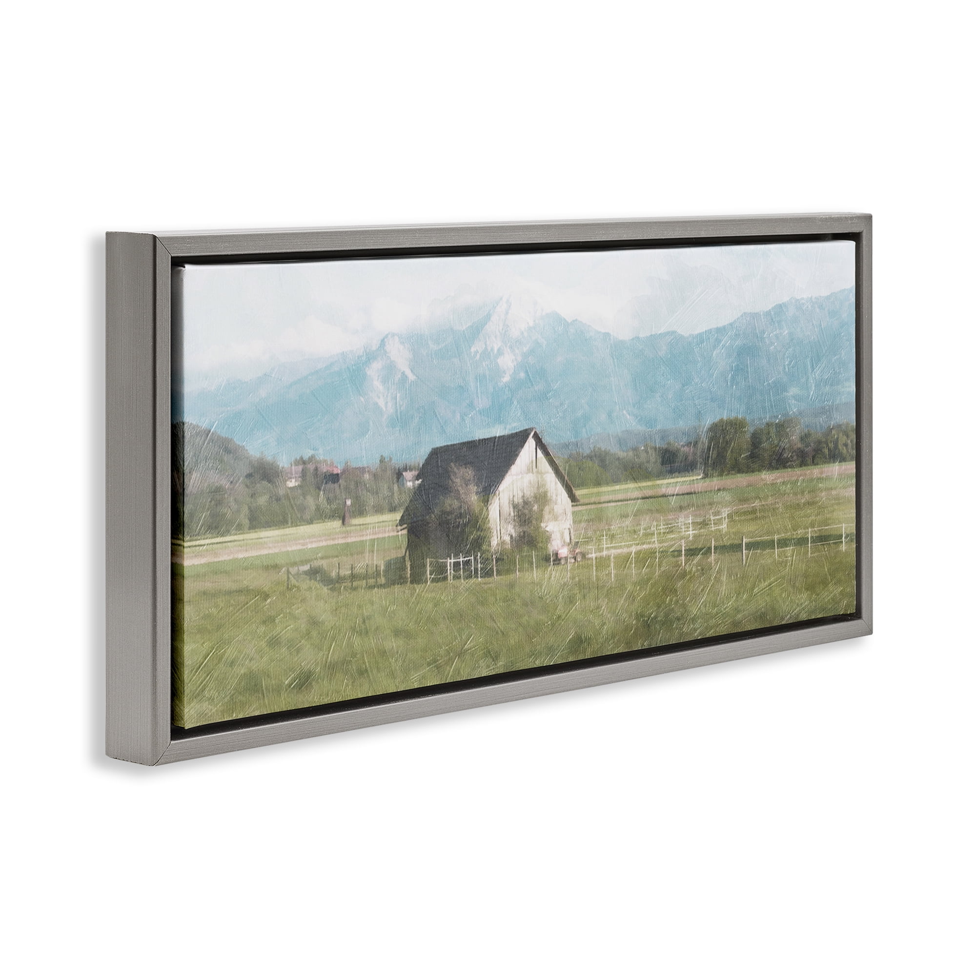 Stupell Industries Rustic Barn & Tractor Landscape & Nature Painting Gray Floater Framed Canvas Art Print Wall Art, 25 x 11