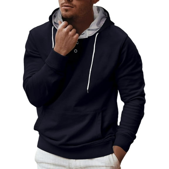 Siilsaa Mens Hooded Sweatshirt Long Sleeve Solid Knitted Hoodie Pullover Sweater Navy,XL