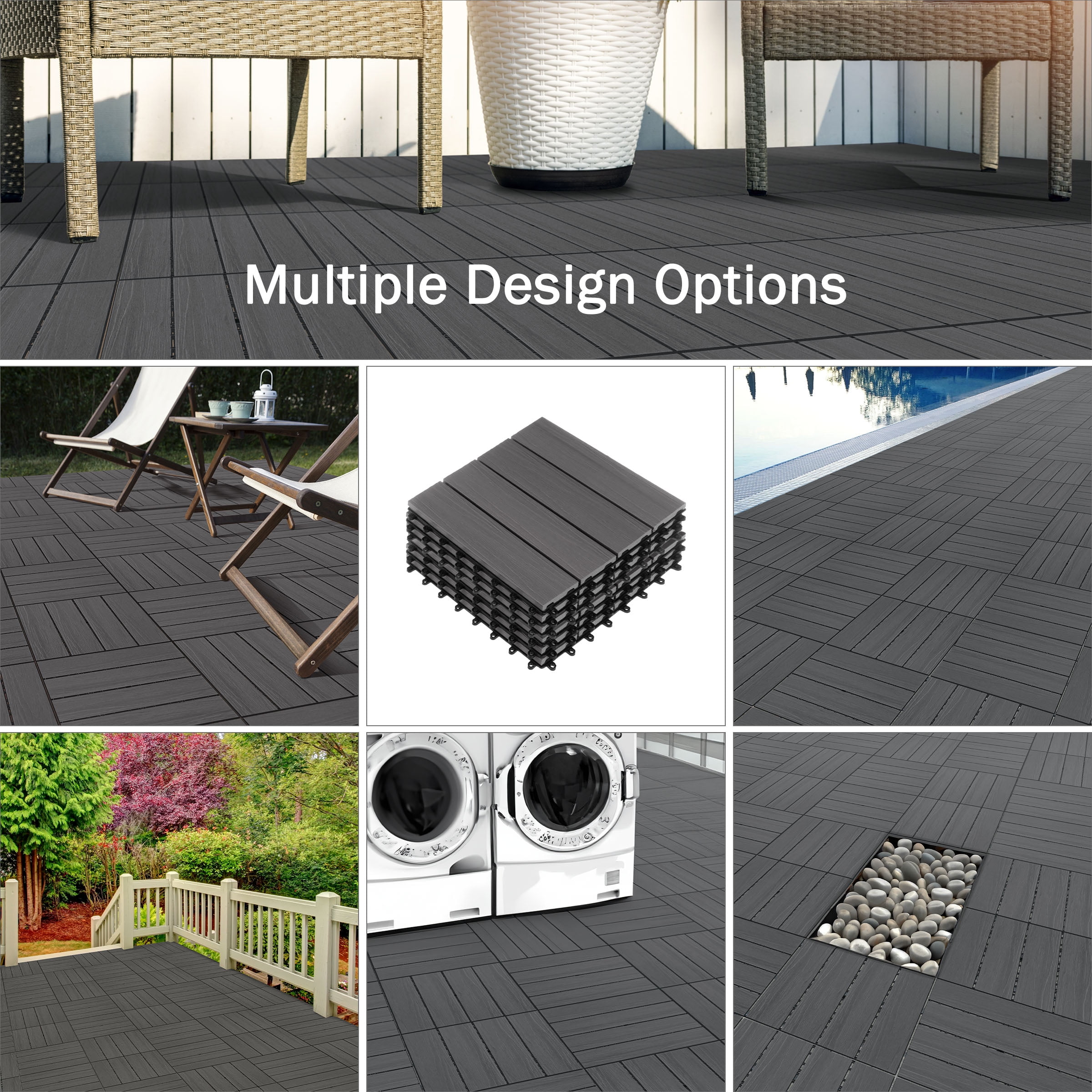 Pure Garden 6PK Interlocking Deck Tiles Woodgrain Outdoor Flooring, Gray