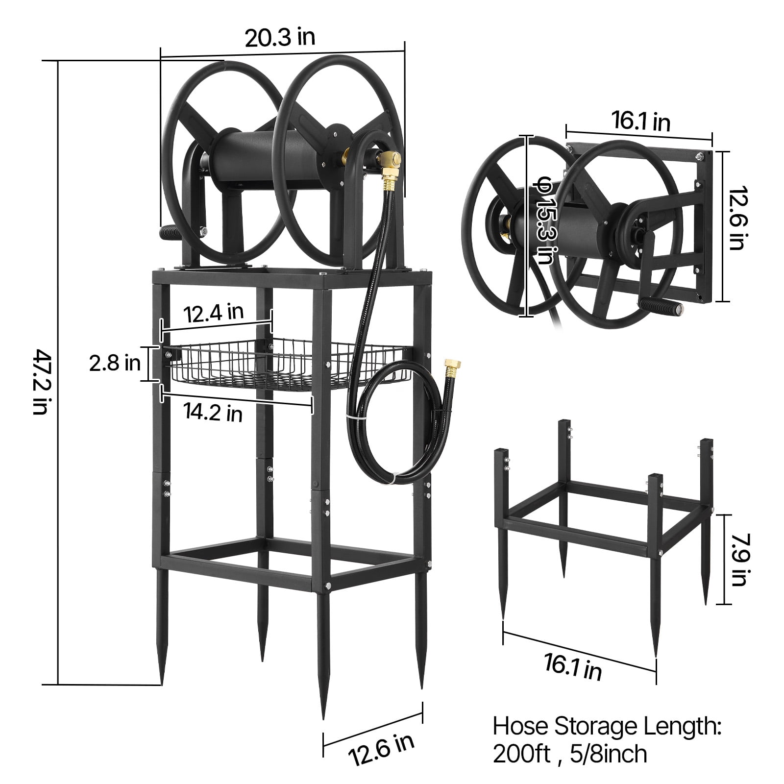 KFFKFF Freestanding Garden Hose Reel, Accommodates 200 Feet of 5/8-inch Hose, Wall or Ground Installation, Removable Holder with Storage Shelf, 5 ft Connector Hose, Brass Connector, 4 Ground Stakes