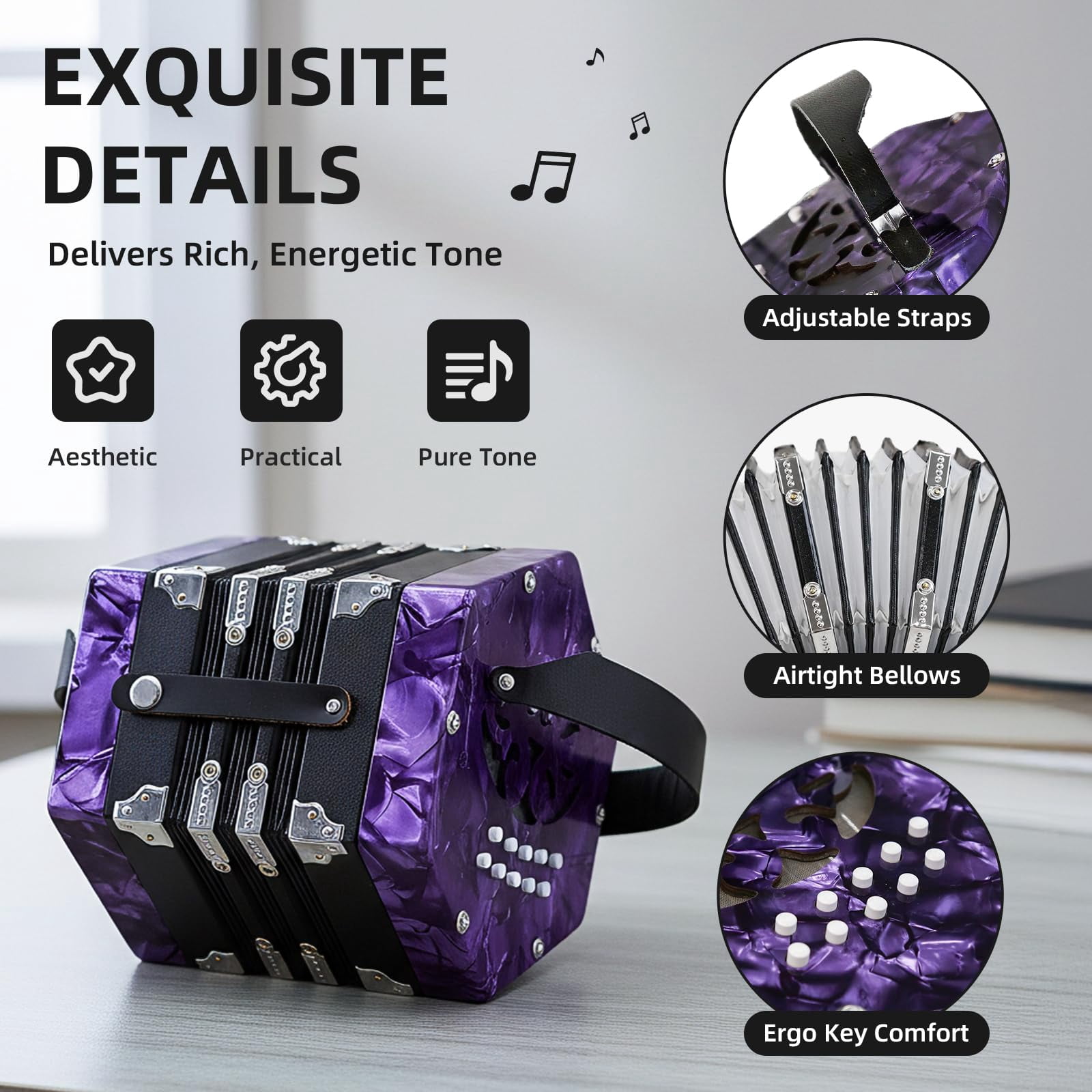 Rowadtim 20-Key Red Concertina Accordion for Adults, Professional Beginner Instrument with Adjustable Hand Straps and Full Accessories