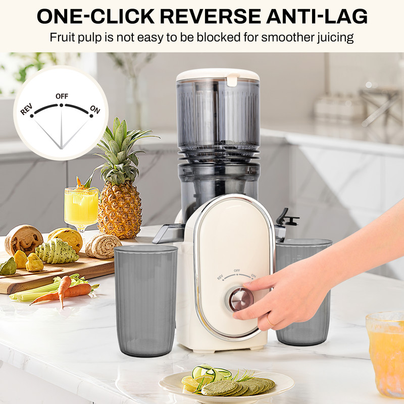 Cold Press Slow Juicer with 5.3" Extra-Wide Feed Chute, One-Touch Operation & Auto Shut-Off, High Juice Output, Effortless Cleaning, Includes Juice & Pulp Containers, 300W (Beige)