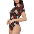 thumbnail image 2 of KLL Women 's Crew Neck Bodysuit Jumpsuits Red Rose Skull Print Short onesies Stretch T Shirts, 2 of 7