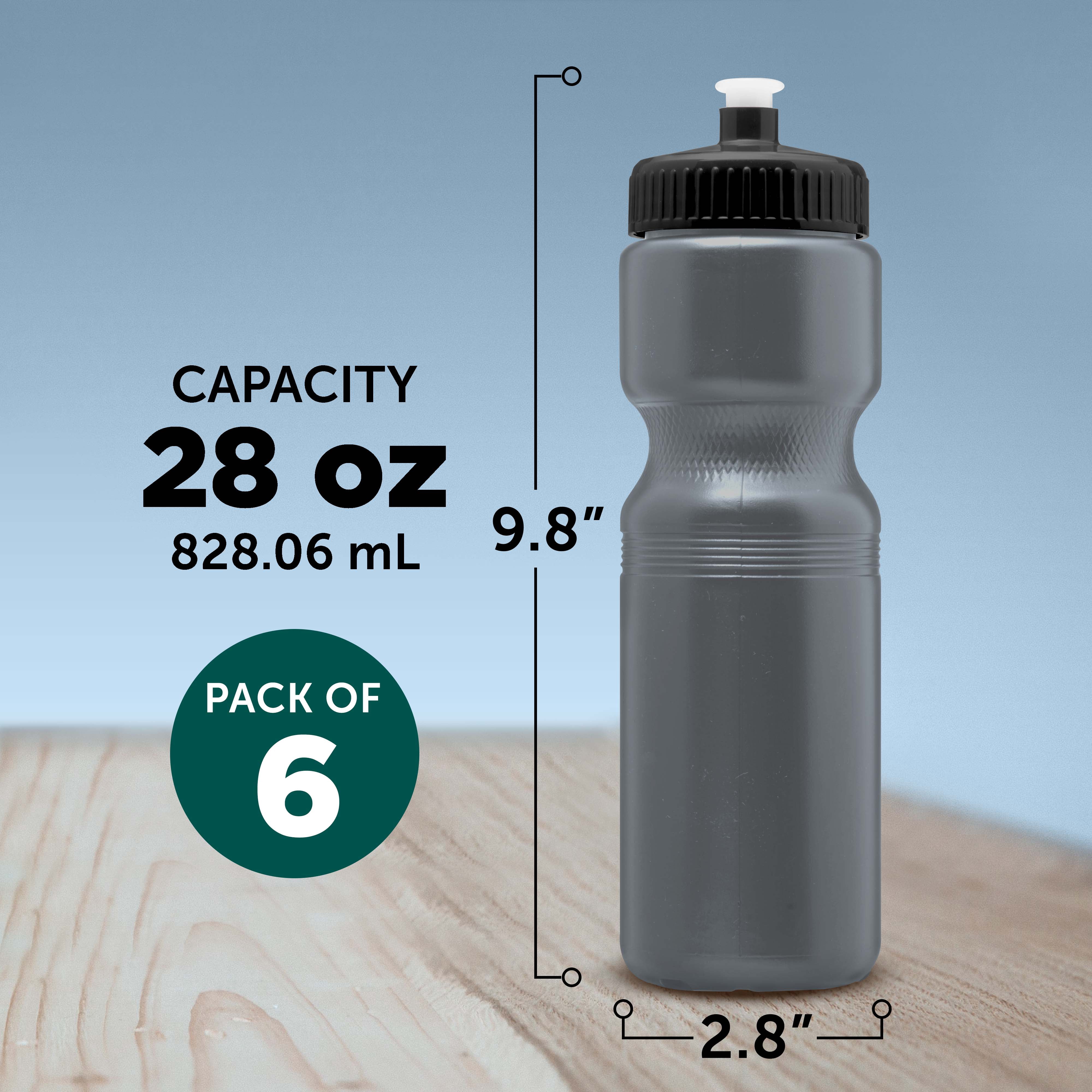Water Bottles with Push Cap 28 oz. Set of 6, Bulk Pack - Reusable, Great for Gym, Hiking, Cycling, School - Silver