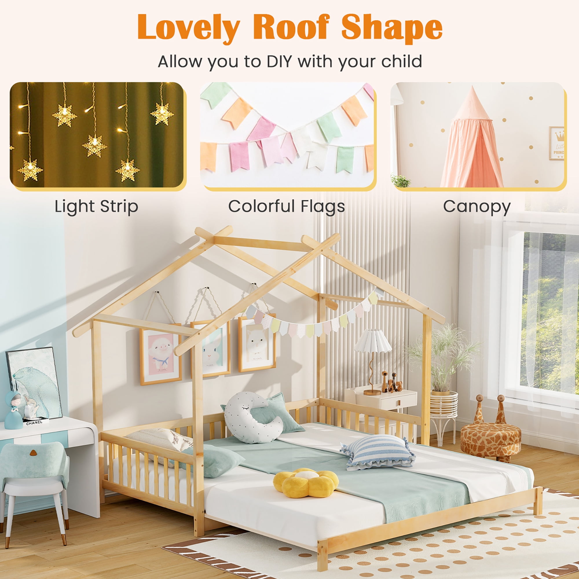 Gymax Wooden House Bed Twin to King Daybed w/ Safety Rails & Decorable Roof Natural