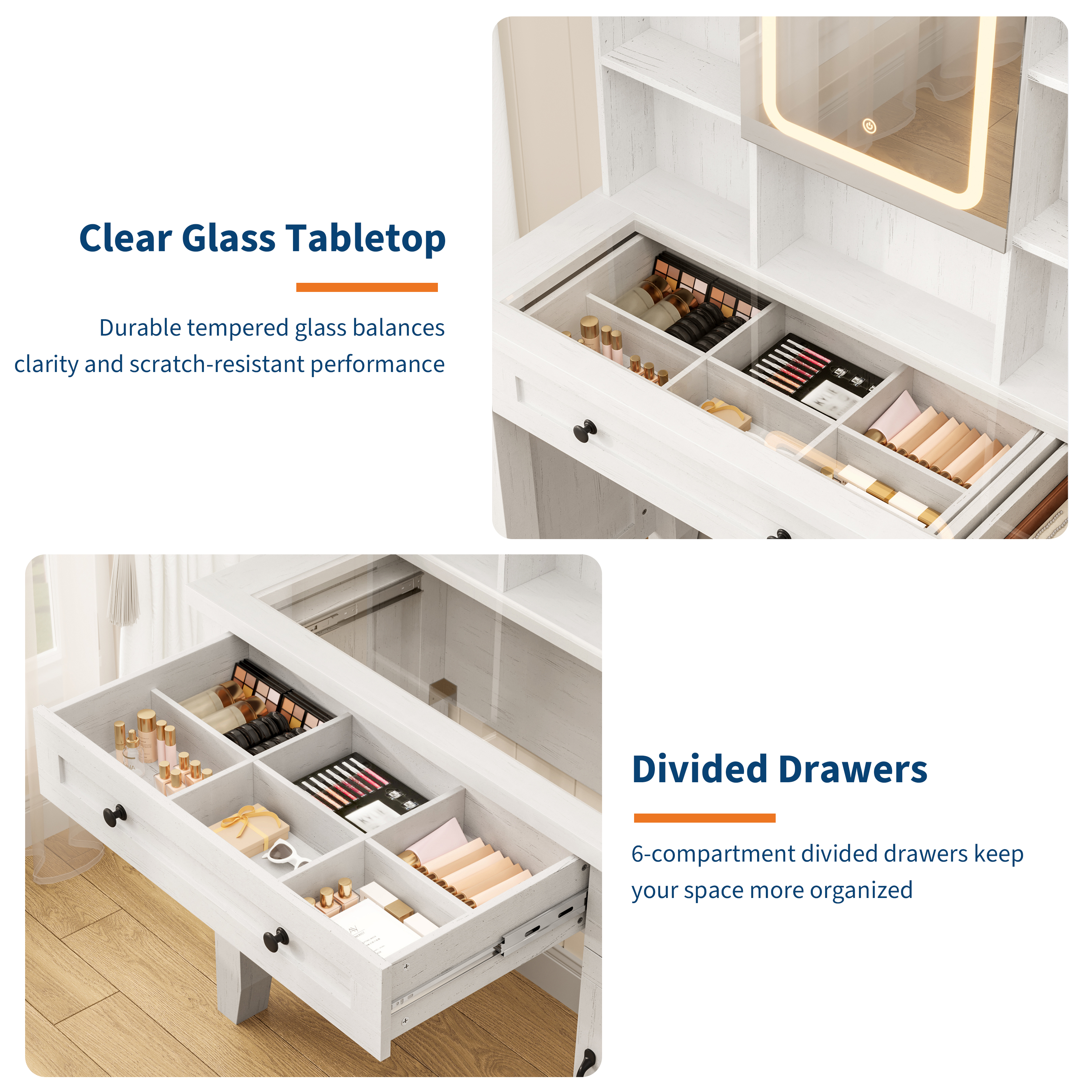 Modern White Makeup Vanity Desk with Lighted Mirror, Glass Tabletop, Charging Station, Drawers, Cabinet, Open Shelves, Upholstered Stool – Large Storage Dressing Table – White