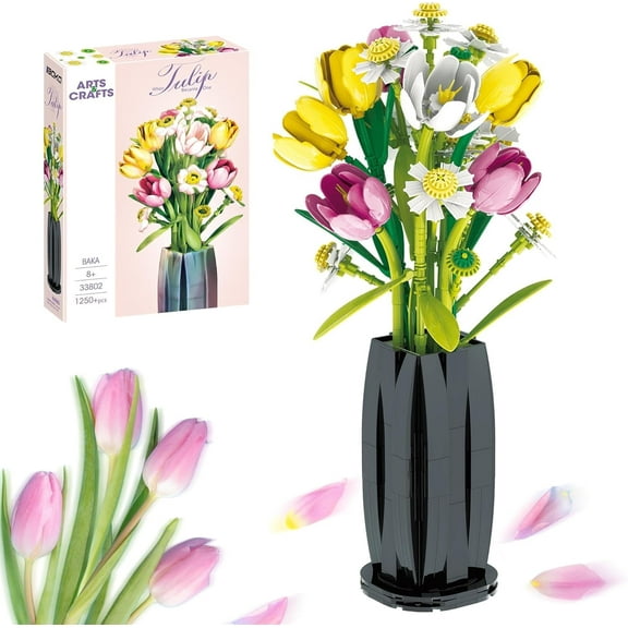 Remocguys Tulips Flower Bouquet Building Set with Vase Compatible with Lego Flowers Home Decor for Adults Women 1250PCS