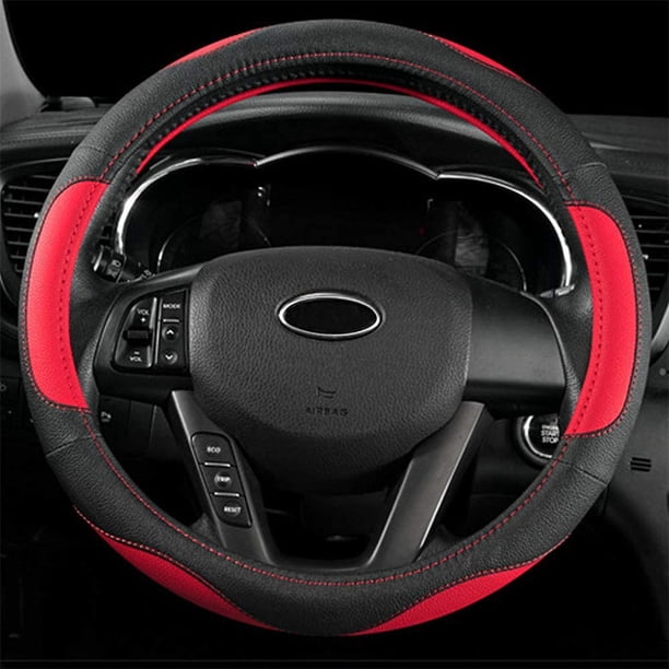 Funda de volante de microfibra de cuero, diámetro 37-38 cm, universal, antideslizante, transpirable, accesorio decorativo (negro/rojo - 2)