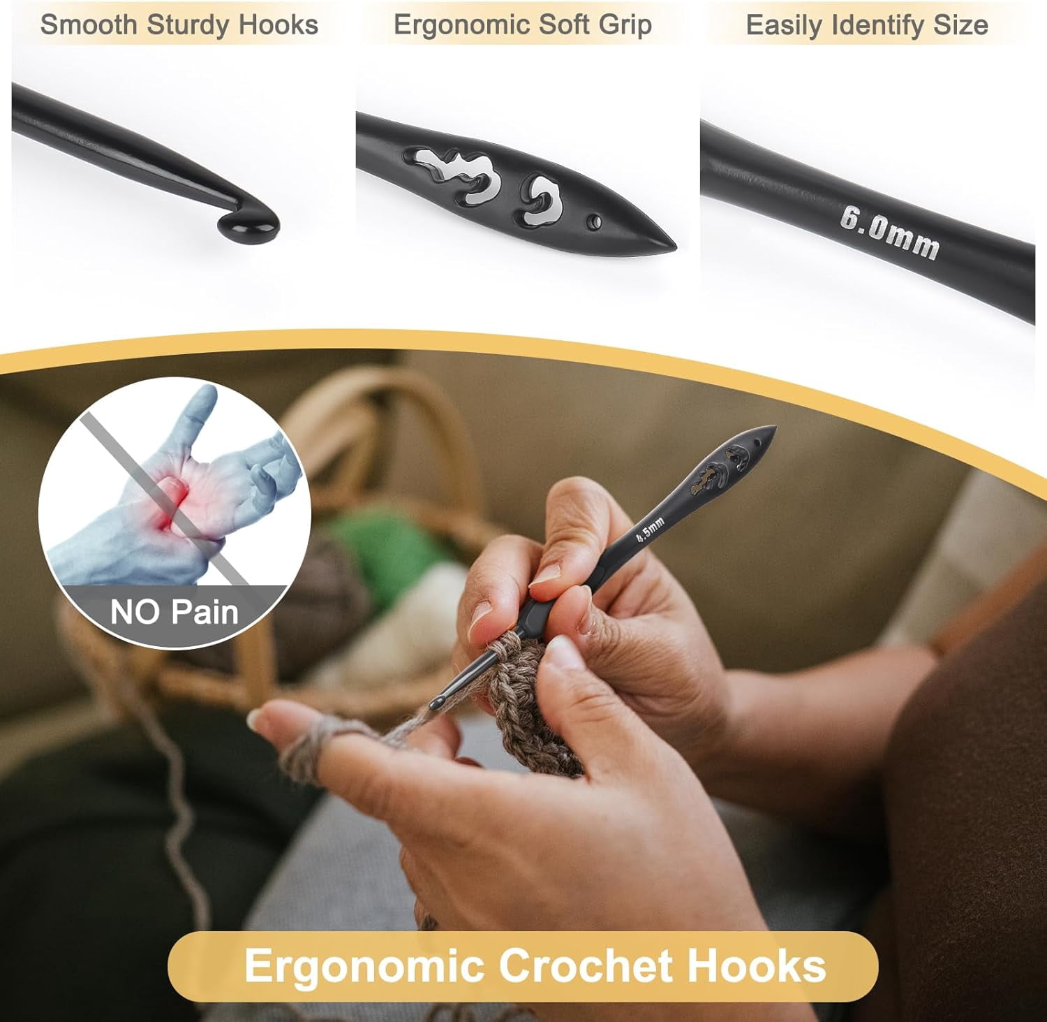 ABCISI 9 Sizes Crochet Hooks, Ergonomic Soft Grip Aluminum Crochet Hook Set, Black Plastic Crochet Needles for Arthritic Hands Beginners Kids Adults Ideal Crochet Lovers Gift 2.0mm(B)-6.0mm(J)