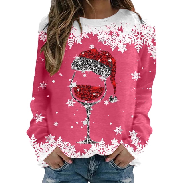 WEAIXIMIUNG Sweatshirts Grande Taille pour Femmes Mode Hiver Décontracté Rouge Verre Flocon de Neige Imprimé de Noël Col Rond Manches Longues Sweat à Capuche