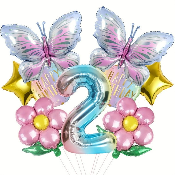 Kit de globos con temática de mariposas y margaritas, 9 unidades, 32 cm, número 2