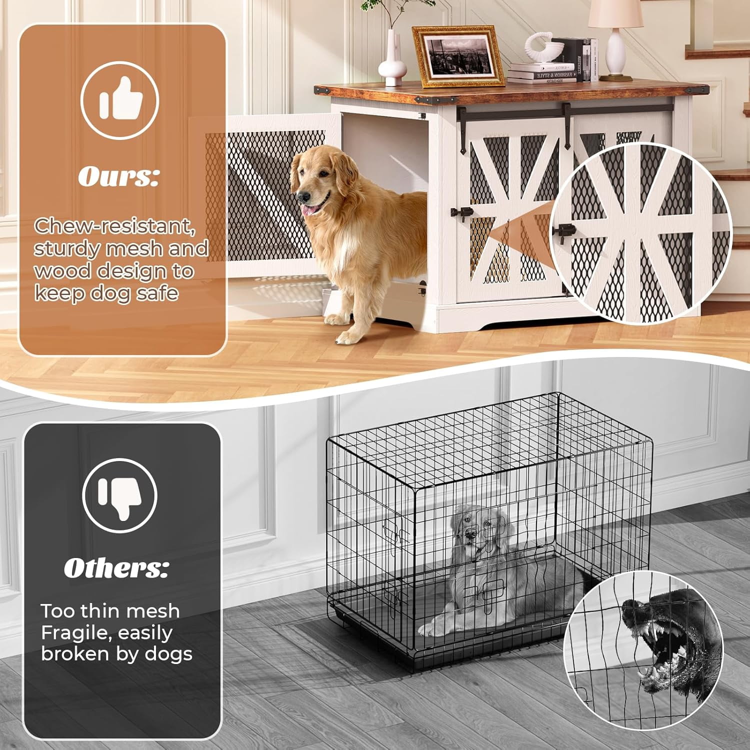 Flycity 39.4''Farmhouse Dog Crate Furniture with Sliding Door, Heavy Duty Dog Crate for Small Medium Dogs, Wooden Dog Kennel Indoor with 3 Doors, Decorative Pet House End Table for Living Room, White