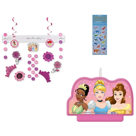 Disney Princess Birthday Party Supplies Bundle includes 1 Room Decoration Wall Kit with 30 Pieces, 1 Piece Candle Decoration, 1 Dinosaur Sticker Sheet