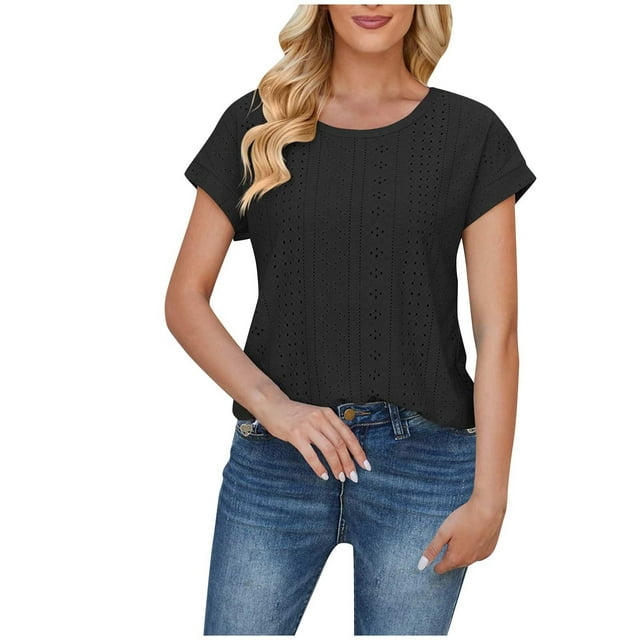 Yuyuzo Hauts à Oeillets pour Femmes Été Tunique à Manches Courtes Col Ras du Cou Chic Décontracté T-Shirts de Vacances