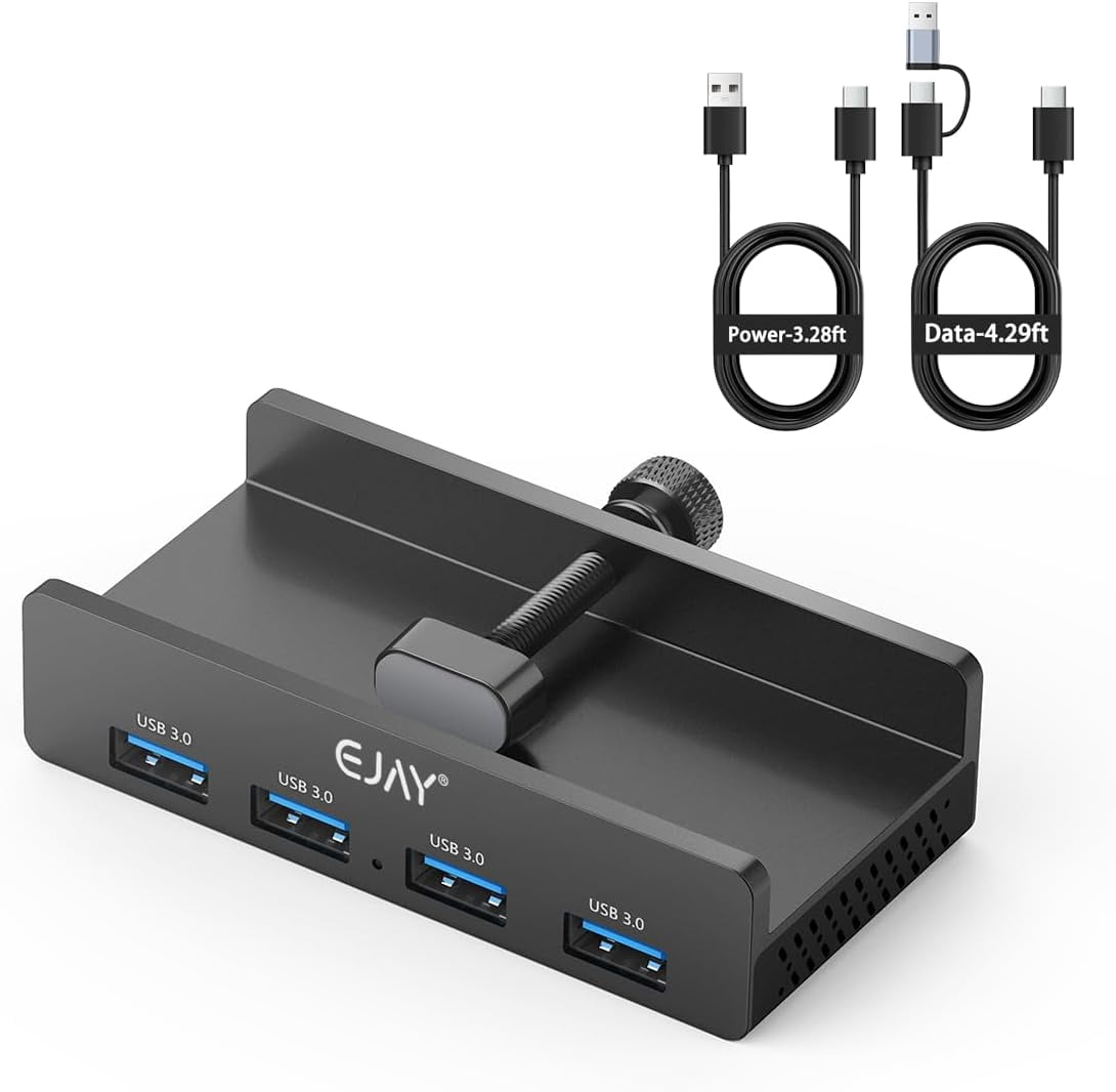 HRTGFD-4Ports USB3.0 Splitter Alu Clamp Desktop USB HUB for Desk/Monitors Clipping with Extra Power Supply Port and 2 Long Cables(59inches Data & 39inches Power Cables)