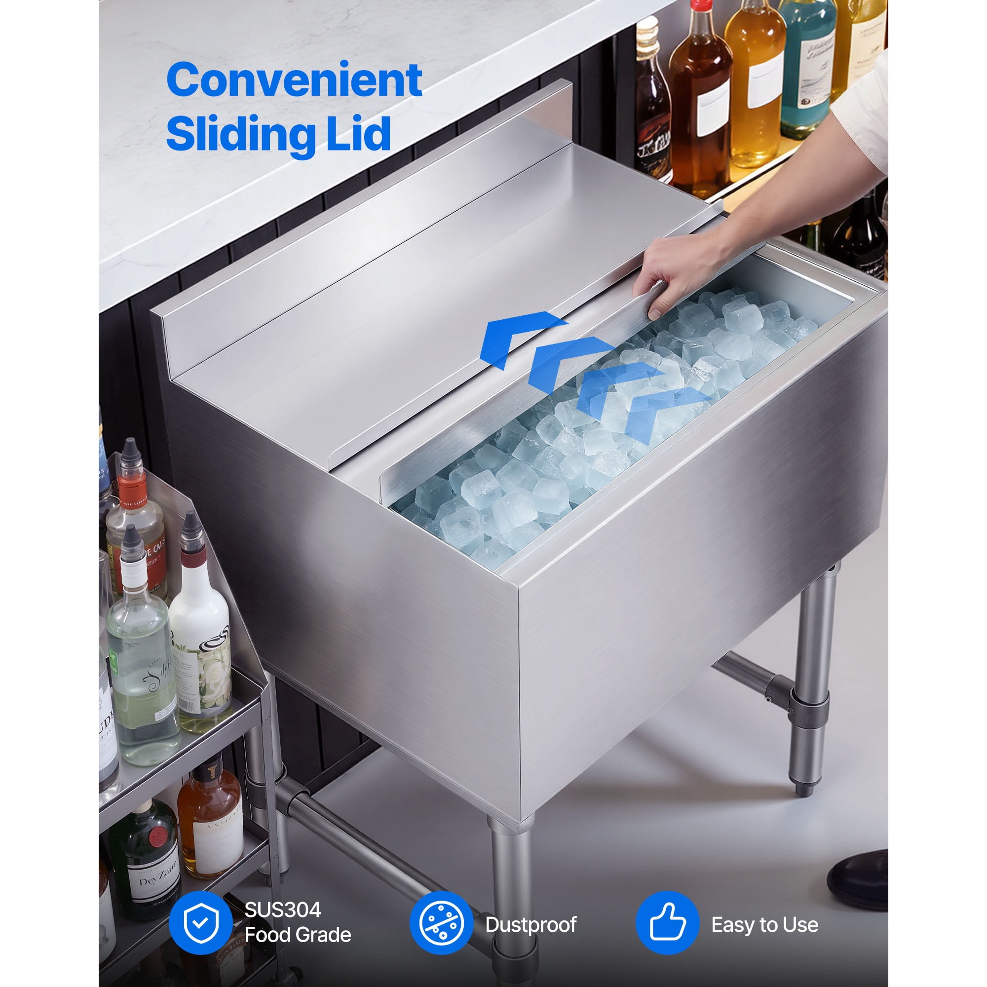 KFFKFF Commercial Ice Bin, 100.7 Qt Capacity, 36 x 19 x 33 Inch Stainless Steel Ice Chest with Sliding Lid and Bottle Holders, Cooler Cart for Bar, Restaurant, or Pub, NSF Certified