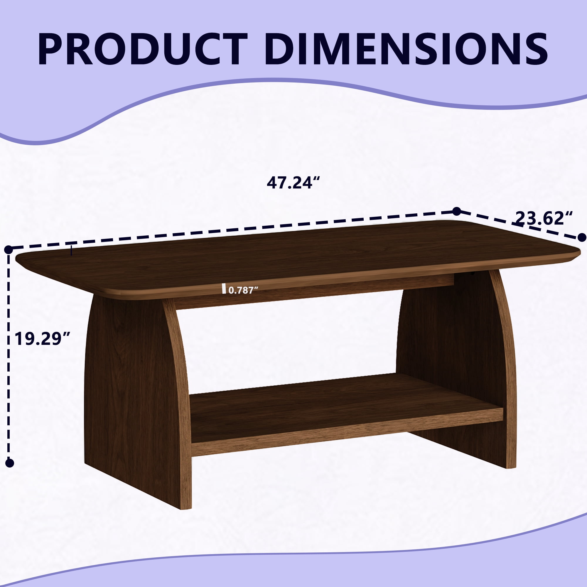 Modern Minimalist Coffee Table, 47 inch Double-Layer Rectangular Coffee Table with Storage, Safety Rounded Design, MDF Wood Material, for Living Room, Easy Assembly
