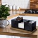 thumbnail image 4 of Organizador para condimentos de café y té con 3 compartimentos extraíbles, hecho de acrílico negros translúcido y bandeja decorativa de madera maciza, juego de 4 piezas, 4 of 8