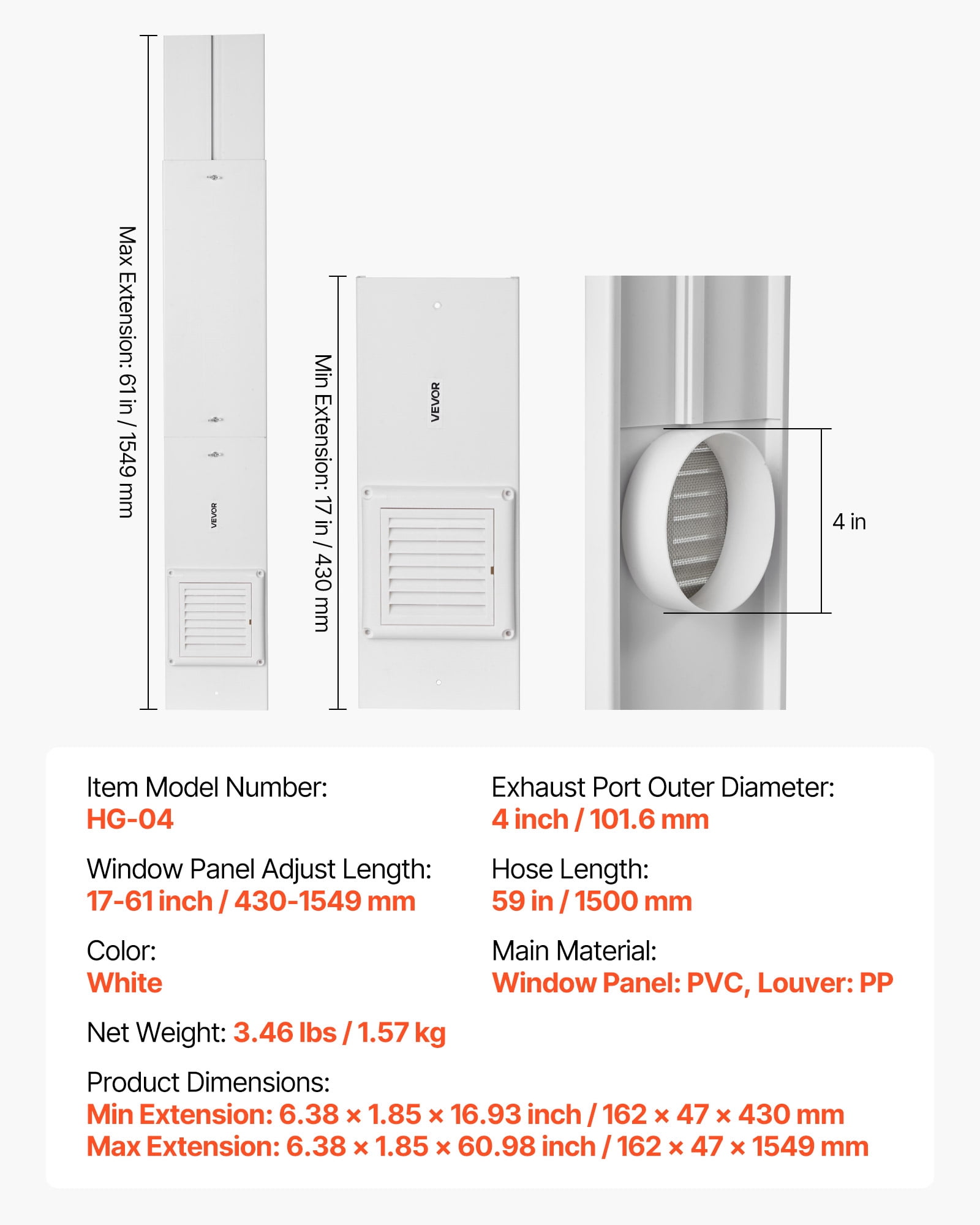 VEVOR Dryer Vent Window Kit, Fits 4-Inch Exhaust Hoses, Adjustable Length for Adapts Sliding Windows of Different Heights, Sturdy PVC and PP Materials, Dual Protections & Multi-layer Sealing Design
