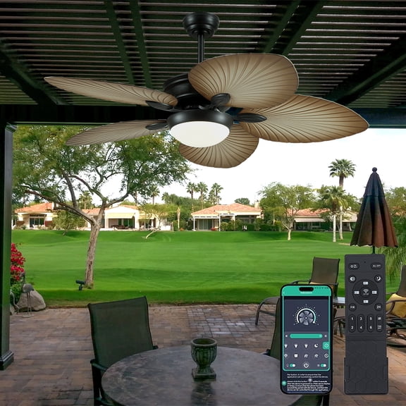 BayDay 44 Inch Tropical Palm Leaf Ceiling Fan with LED Lights, Remote/APP Control, Dimmable, Reversible Quiet Motor, Outdoor Ceiling Fan for Patio, Porch, Living Room, Bedroom, Wood Grain Finish