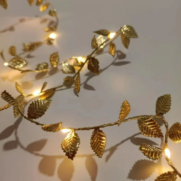 Guirnalda de hojas de hiedra de colores verdes y dorados para jardín, hogar, enredadera con luz de 2 m y 20 LED, planta artificial