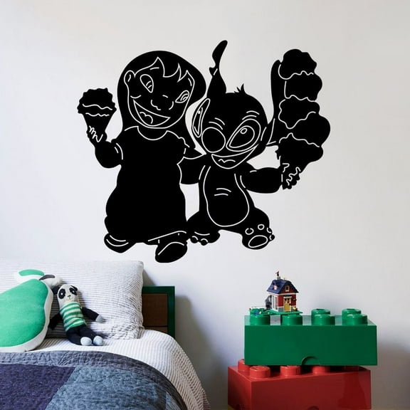 Lilo And Stitch Movie Animation Disney Lilo and Stitch Cute Eating Ice Cream Happy Playful Silhouette Disney Wall Sticker Vinyl Decal Home Decor Room Living Room Bedroom Decoration Size (20x20 inch)