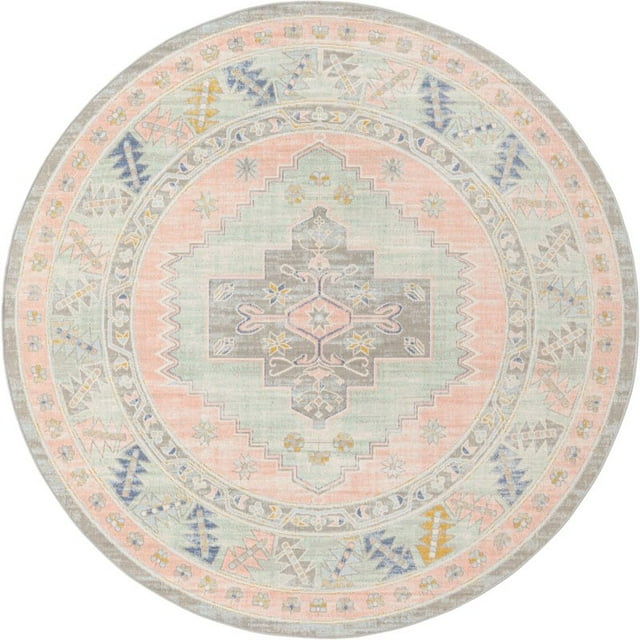 Unique Loom Whitney Bright Medallion Rug 7' x 7' Round Powder Pink/Ivory