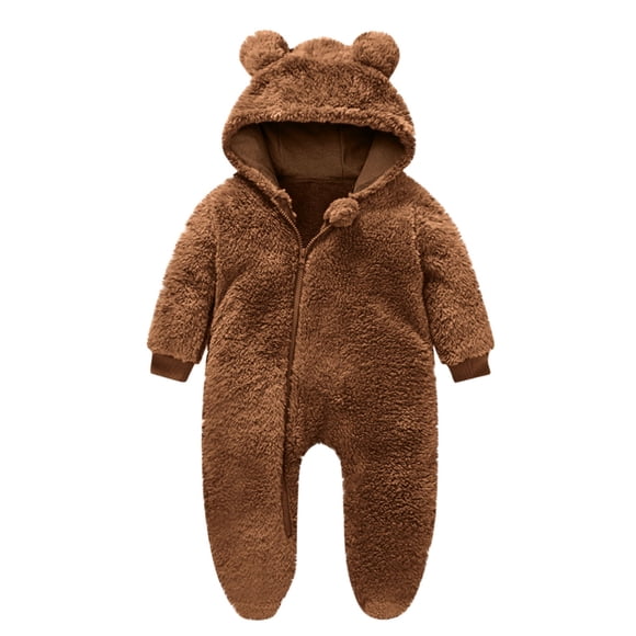 Newborn Baby Snowsuit Fleece Onesie Outfits 0-12 Months Infants Clothes Bear Ear Hooded Front Zip Romper Jumpsuit (6 Months, Brown)