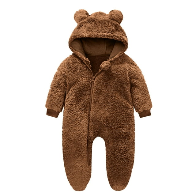 AherBiu Infant Rompers Fleece Hooded Jumpsuits Zip up Bodysuits Fall Winter Solid Color Warm Fuzzy Newborn Baby Clothes Sets