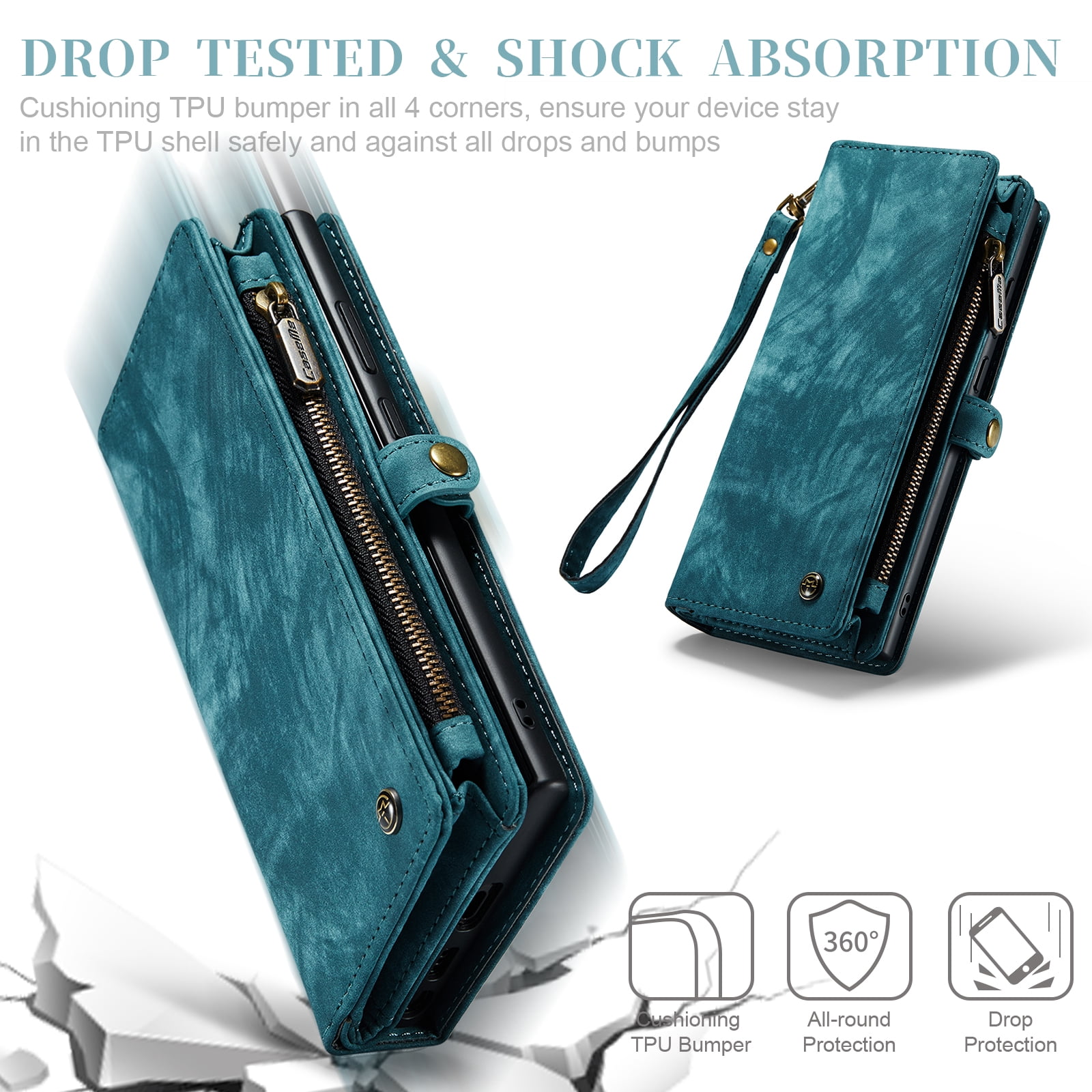 For Samsung Galaxy S25 Ultra Wallet Case,Multi-Functional Retro Leather Purse Flip Cover Zipper Wallet Case with Removable Card Slots Pocket & Detachable Wrist Strap Magnetic Phone Case, Green