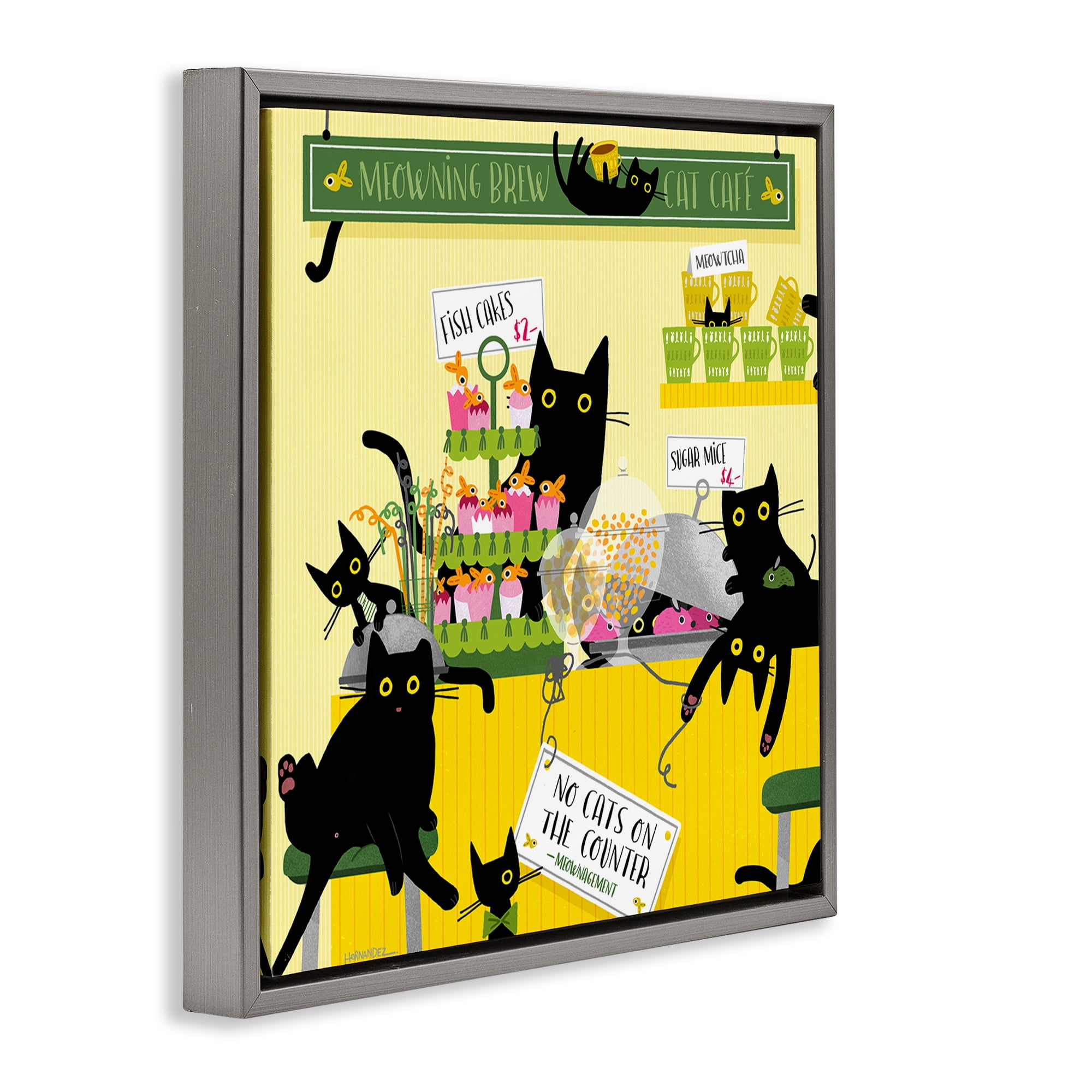 Stupell Industries Silly Cat Café Bakery Animals Painting Gray Floater Framed Canvas Art Print Wall Art, 18 x 18