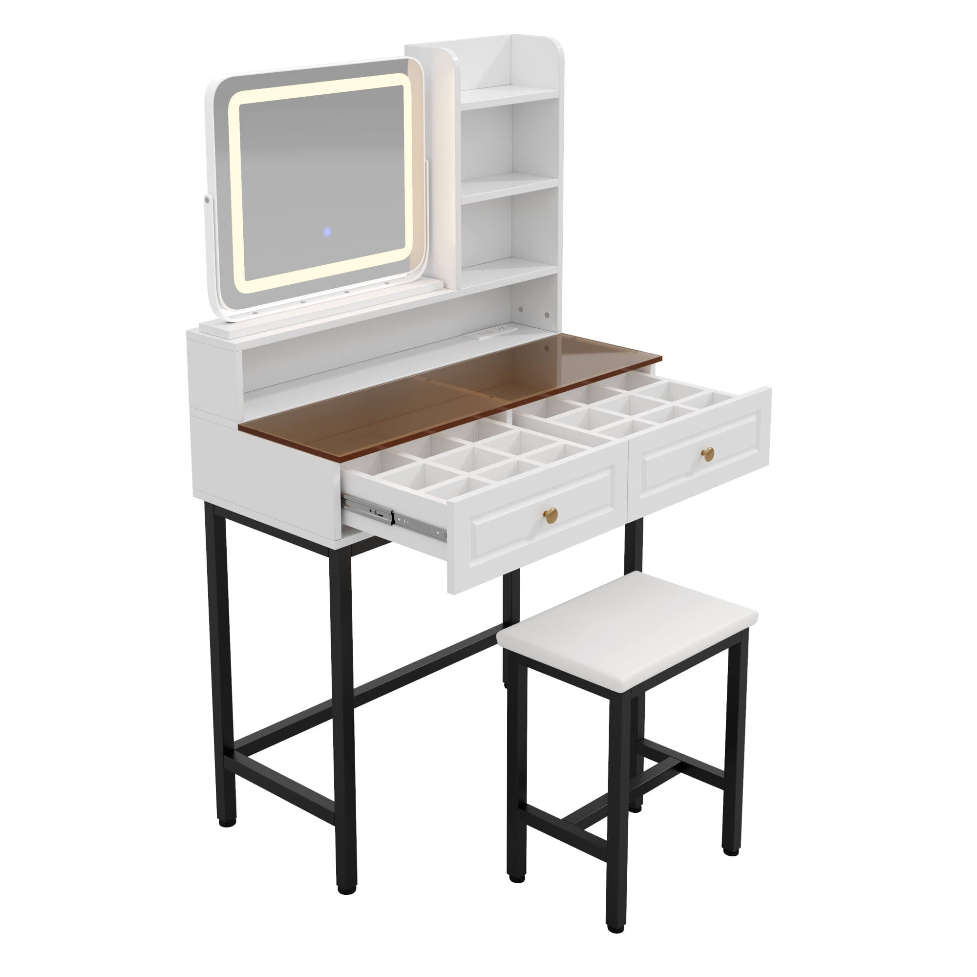 Leumius Makeup Vanity Desk with Lighted Mirror,360° Rotatable Mirror,Makeup Table with 2 Drawers & 3-Tier Shelves,Modern Dressing Table for Bedroom,White