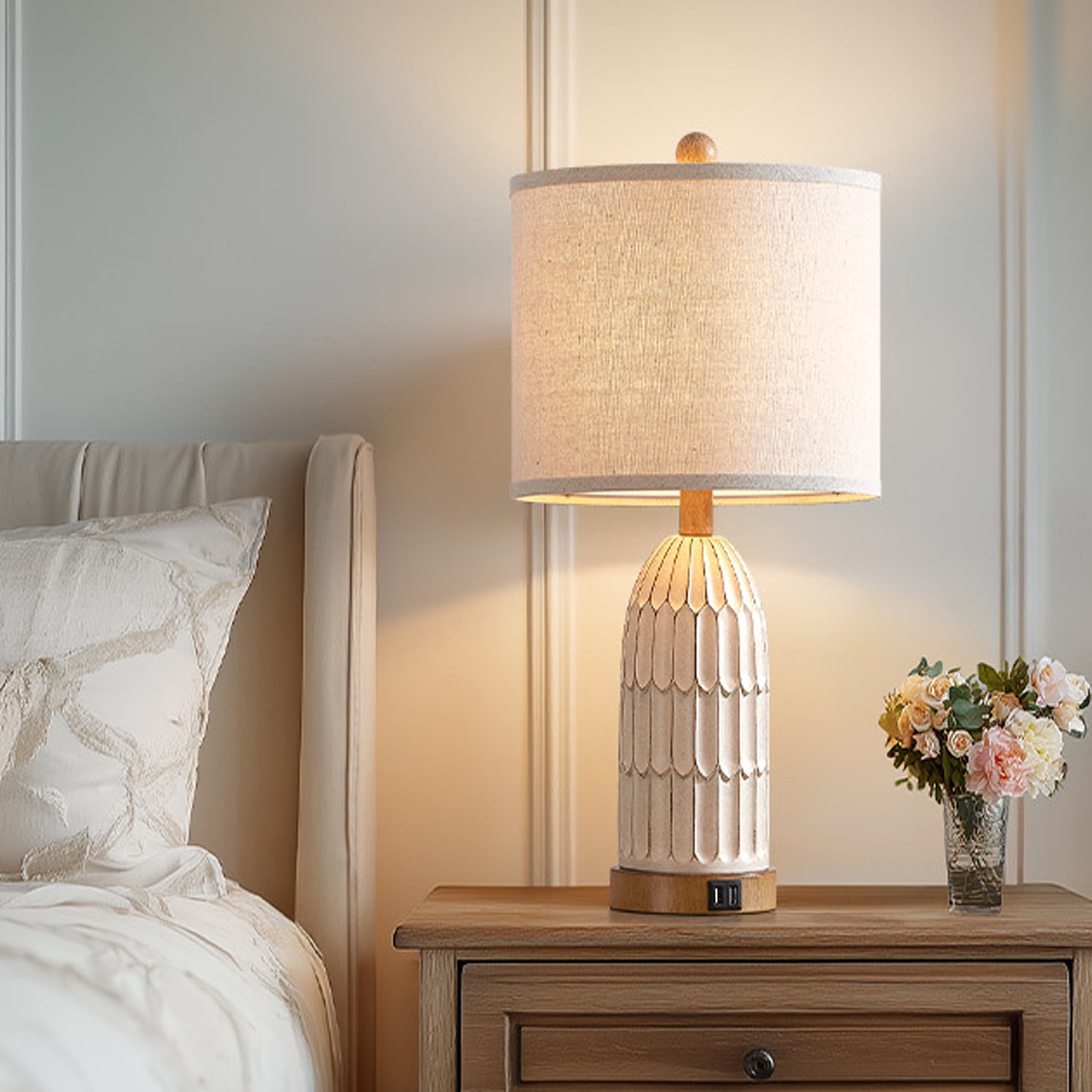 Lolikit Rustic 3 Way Dimmable Touch Table Lamps Set of 2 for Bedroom Living Room 22" Farmhouse Resin Nightstand Bedside Lamp with USB Ports