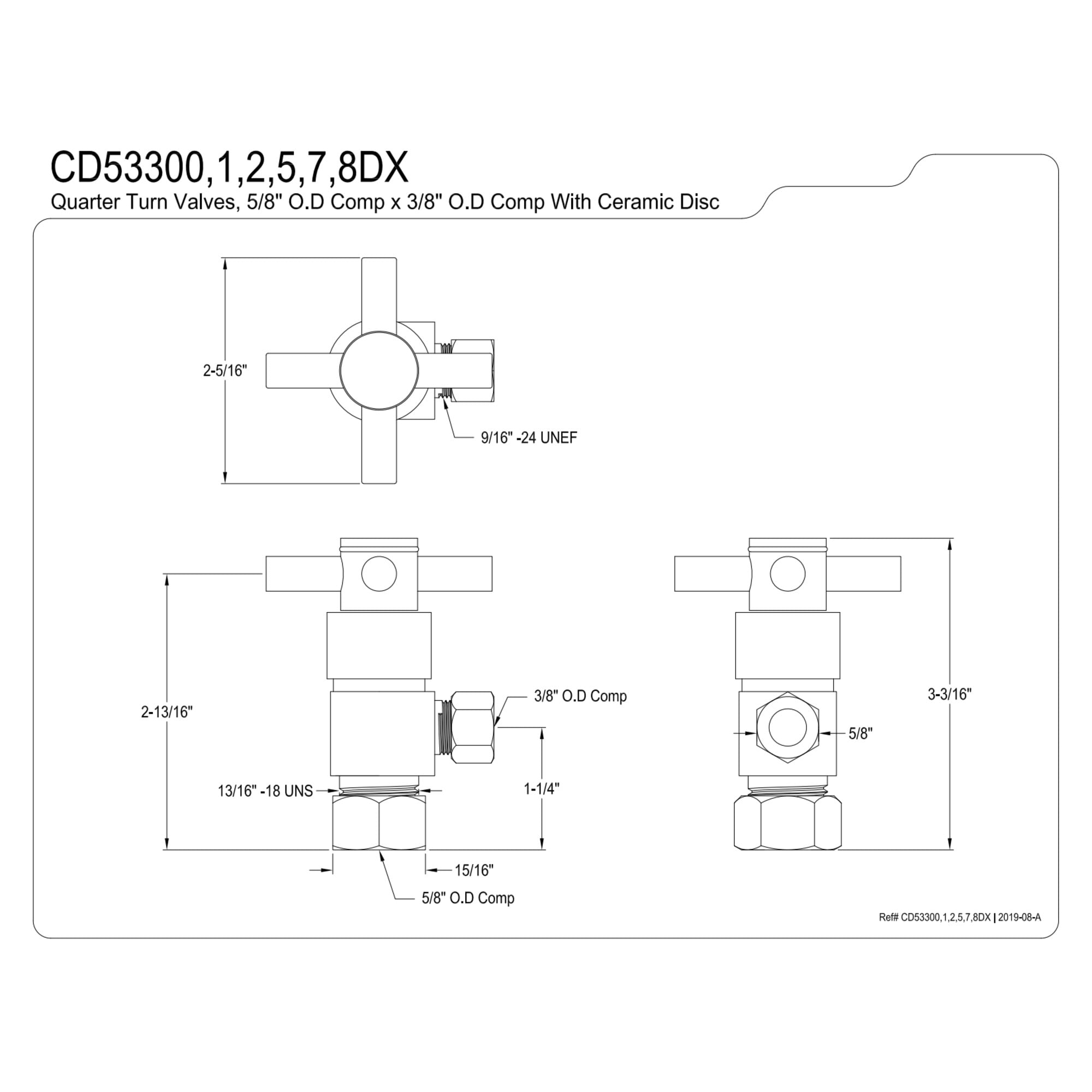 Kingston Brass CD53301DX 5/8-Inch O.D. Comp x 3/8-Inch O.D. Comp Anti-Seize Deluxe Quarter-Turn Ceramic Hardisc Cartridge Angle Stop in Polished Chrome