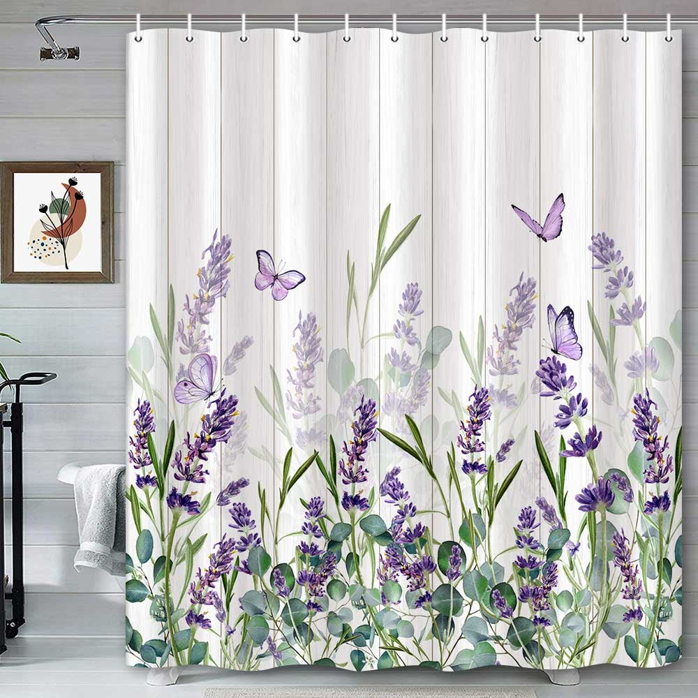 Purple Floral Shower Curtain, Purple Flowers Butterflies Green ...
