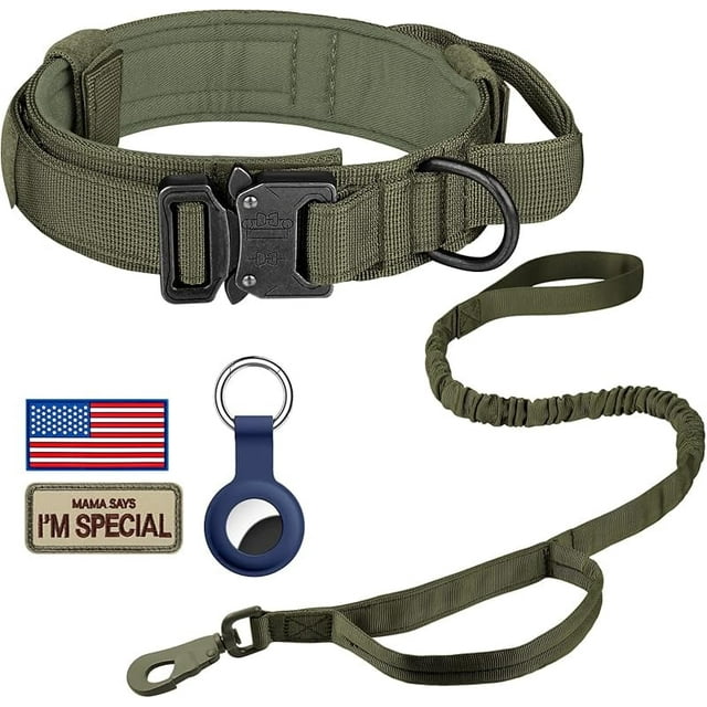 WAAYEE Collar Táctico para Perro, Collar Ajustable de Entrenamiento Militar de Nylon con Asa de Control y Hebilla de Metal Pesado para Perros Medianos y Grandes, con Parches y Estuche Airtags (L, Ver
