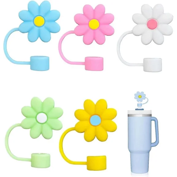 Straw Cover Cap for Stanley Cup, 5Pcs 0.4in Diameter Cute Silicone Straw Covers, Dust-Proof Straw Topper Compatible with 30&40 Oz Tumbler with Handle,