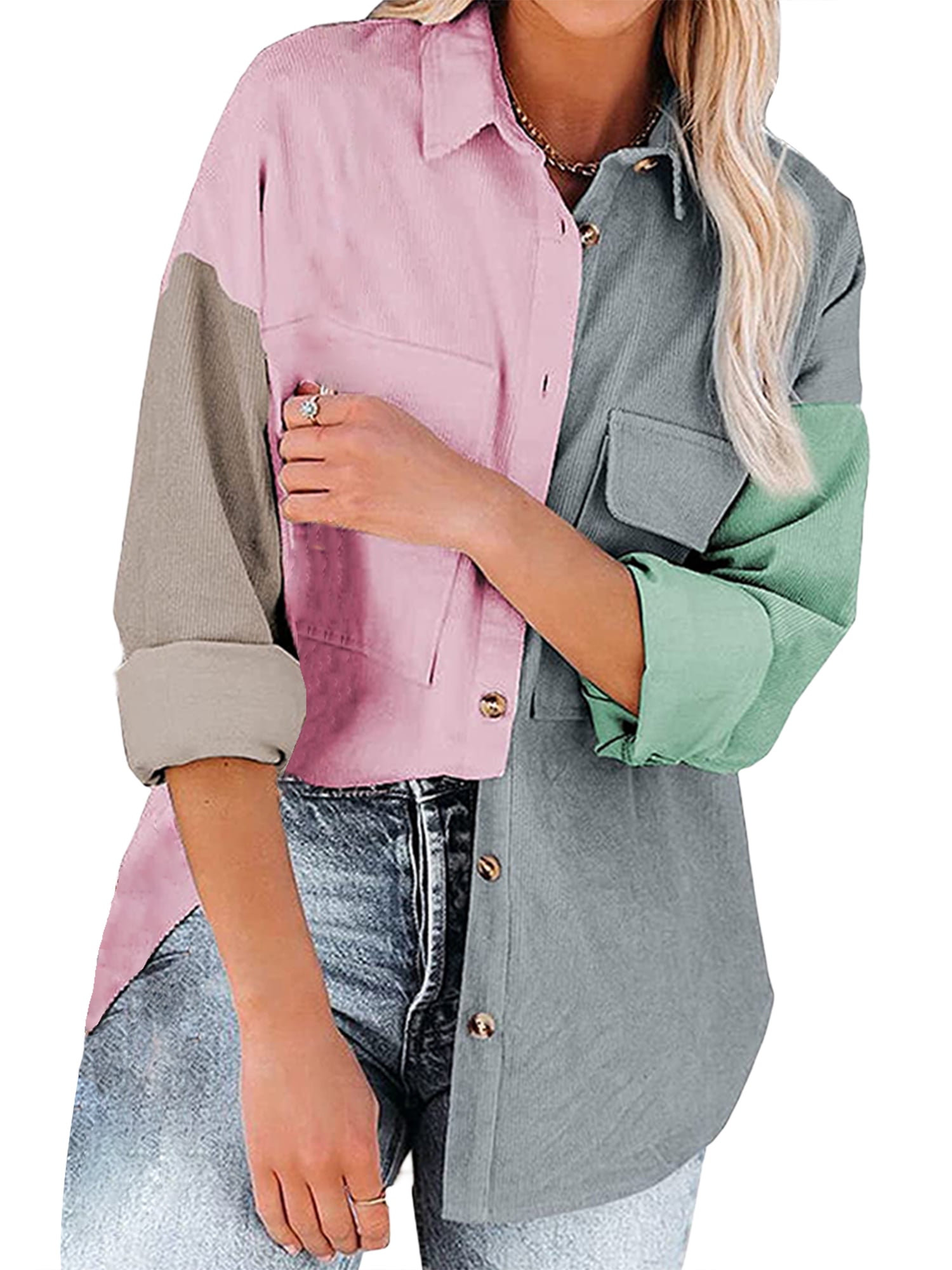 Bsubseach Long Sleeve Jacket with Pocket Plaid Color Block Buttoned Casual Shirts Outerwear