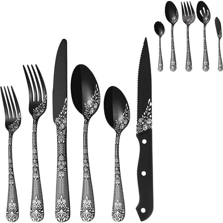 

53-Piece Black Silverware Set with Serving Utensils Black Flatware Set for 8 Stainless Steel Mirror Cutlery Set Spoons Forks Knives with Unique Floral Laser Tableware Set Dishwasher Safe