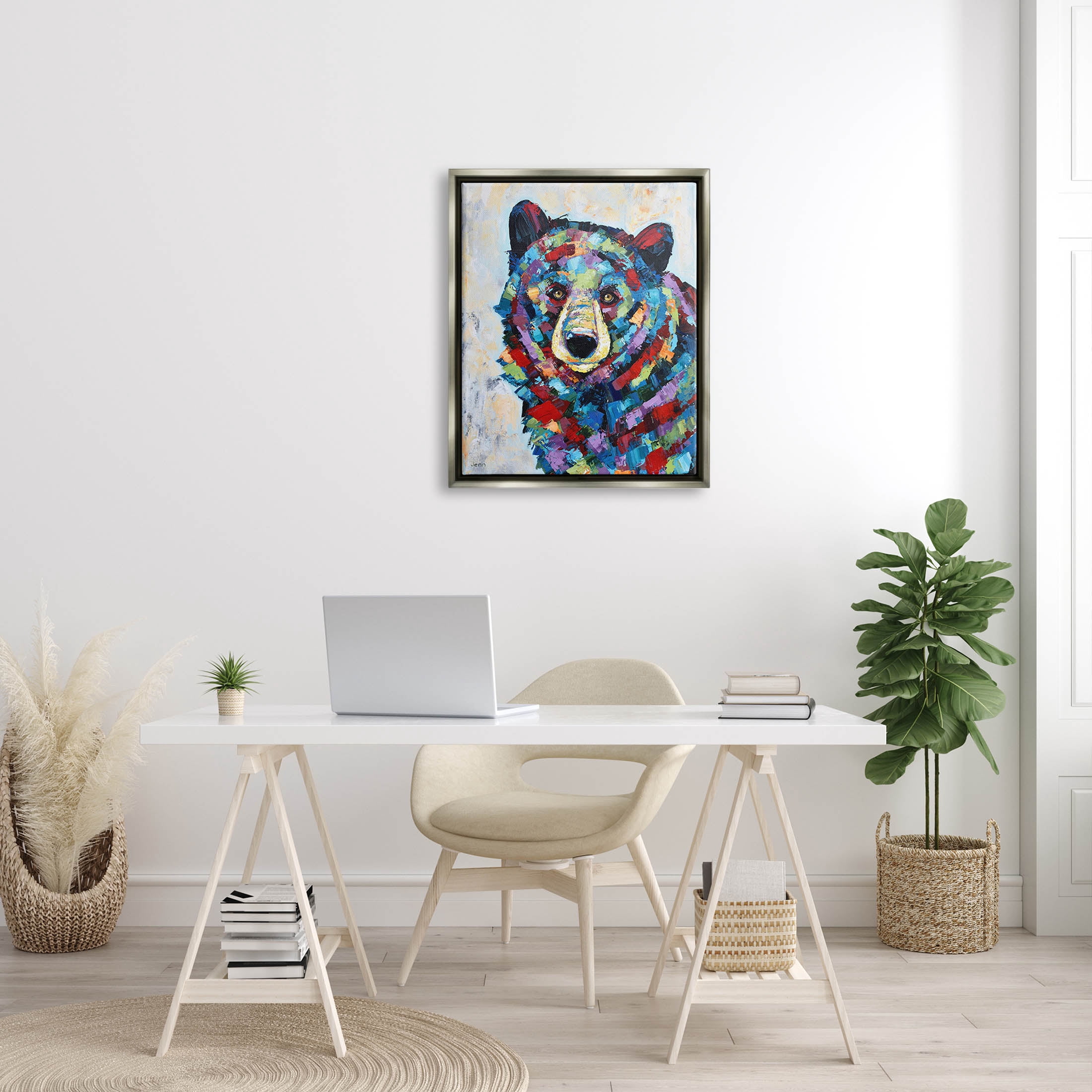 Geometric Hued Abstract Bear Animals & Insects Painting Luster Gray Framed Art Print Wall Art