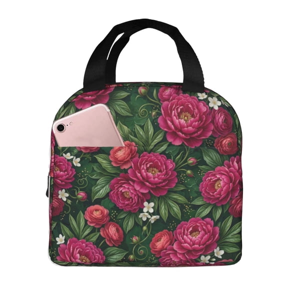 Floral Insulated Lunch Box For Women Floral Lunch Bag, Cooler Tote Reusable Thermal Meal Prep Bag For Work Office Travel, Pink Peony Pattern