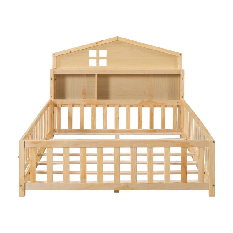 Bellemave Full Size Montessori Bed with Bookcase,Wooden Floor Bed with Fence Rails and Door, Full Playhouse Beds with Storage Headboards, No Box Spring Needed (Natural)