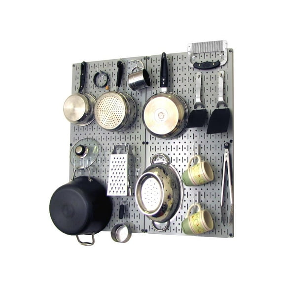 Wall Control Kitchen Pegboard Organizer Pots and Pans Pegboard Pack Storage and Organization Kit with Gray Pegboard and White Accessories